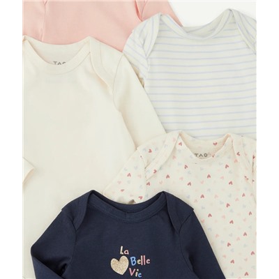 LOT DE 5 BODIES BÉBÉ EN COTON BIO THÈME COEUR BLEU ET ROSE