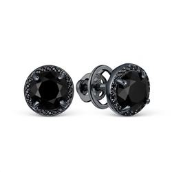 Серьги-пусеты круглые из серебра с чёрной шпинелью и чёрным родированием 06-202-0413-08