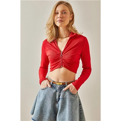 Красная укороченная блузка XHAN с застежкой-молнией и драпировкой 5YXK2-47965-04