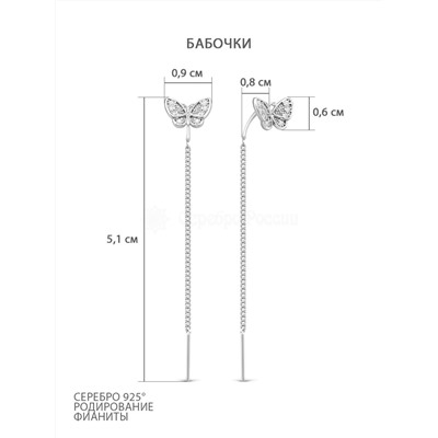 Серьги-продёвки из серебра с фианитами родированные - Бабочки 925 пробы с7-505р200