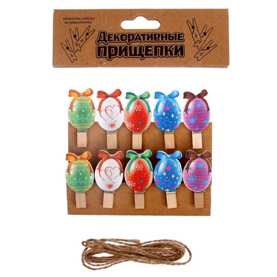 Прищепки декоративные с верёвкой для подвеса «Пасхальные яйца» набор 10 шт.