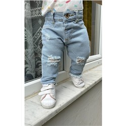 Джинсовые брюки с регулируемой эластичной талией, рваными деталями и вырезом Y3035
