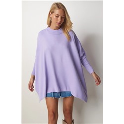 Женский сиреневый свитер-пончо оверсайз с боковыми разрезами YY00005