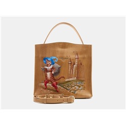 Бежевая кожаная сумка с росписью из натуральной кожи «W0027 Beige Кот в сапогах»