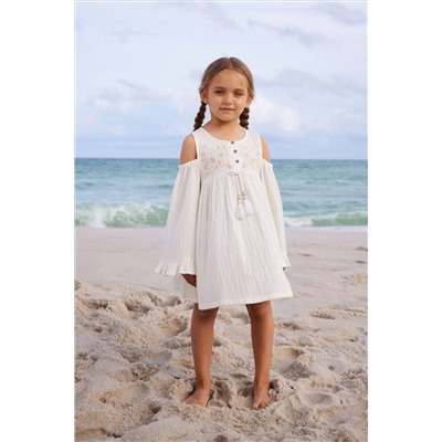 Cream Embroidered Cold-Shoulder Dress (3-16yrs)