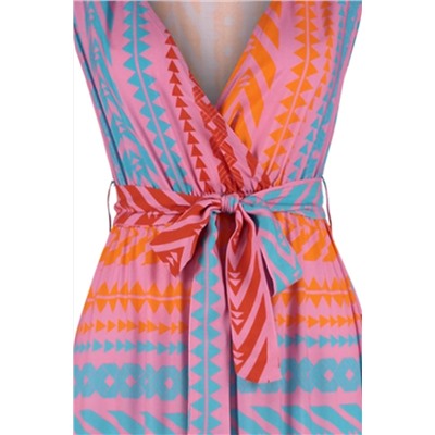 Пляжное платье макси с геометрическим узором и поясом из тканой ткани с рюшами TBESS23EL00203