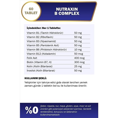 Nutraxin B1, B2, B3, B5, B6, B12 Ve Biotin Içeren B Vitamin Complex 60 Tablet