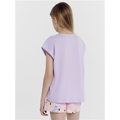 Комплект для девочек (футболка, шорты) лилово-розовый с птичками