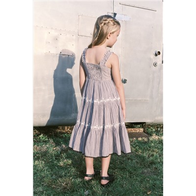 Charcoal Grey Stripe Embroidered Maxi Dress (3-16yrs)