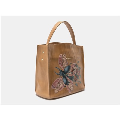 Бежевая кожаная сумка с росписью из натуральной кожи «W0027 Beige Жук с цветами»