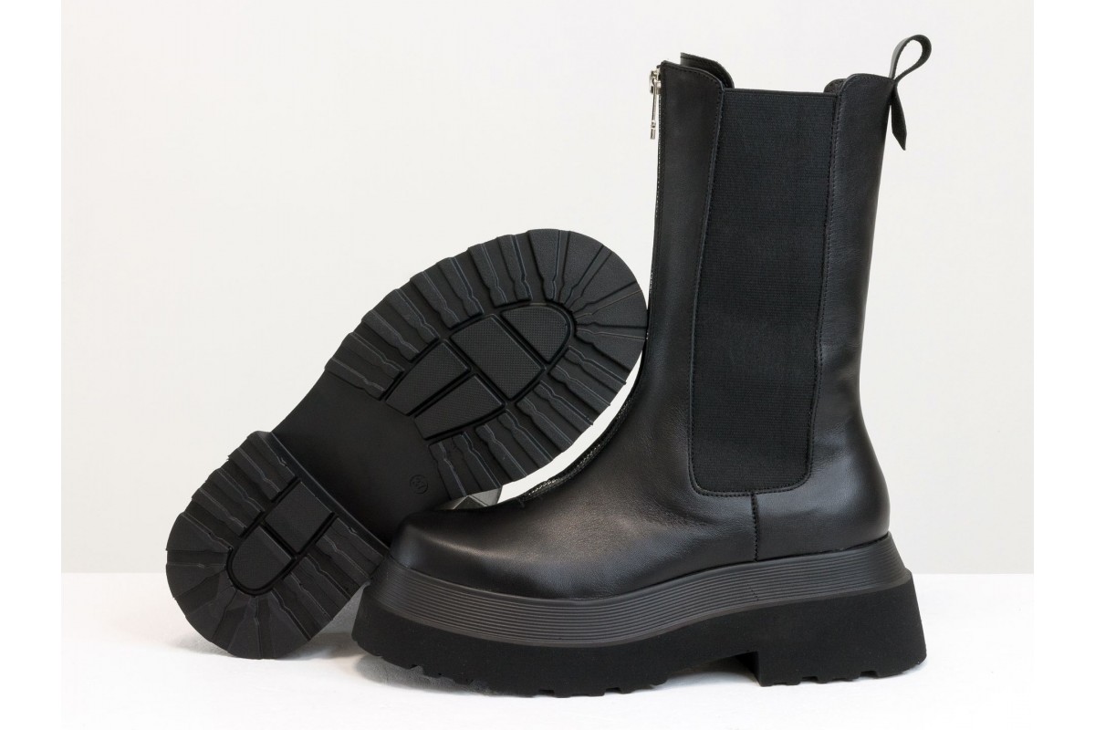 Высокие черные ботинки челси на молнии спереди, из натуральной гладкойкожи, на модной высокой подошве, Новая коллекция от Gino Figini, Б-2184-01купи