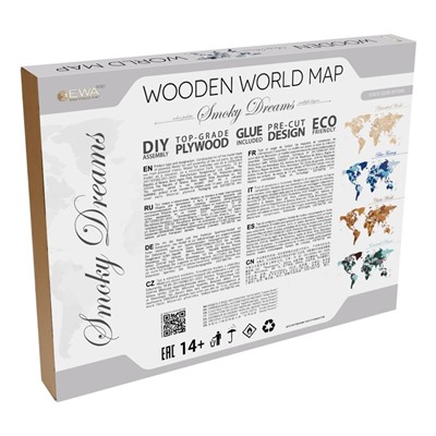 Карта мира деревянная Eco Wood Art Wooden World Map Smoky Dreams, объёмная, трёхуровневая, размер S, 100x55 см, цвет дымчатый