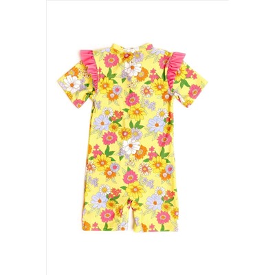 Nicole Miller Yellow Floral Short Sleeves Rash Guard