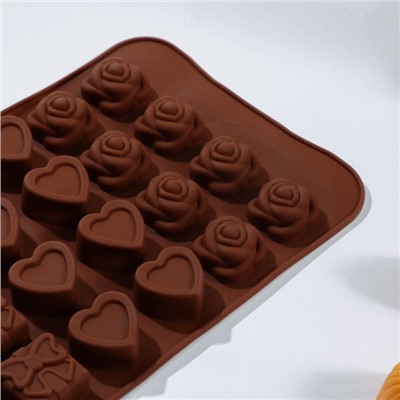 Форма для конфет и шоколада Доляна «Подарок, сердце, роза», силикон, 23,2×13,8×1,1 см, 24 ячейки (2,6×2,6×2 см), цвет МИКС