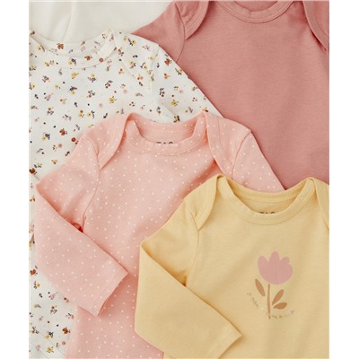 LOT DE 5 BODIES BÉBÉ FILLE EN COTON BIO UNIS ET IMPRIMÉS ROSE ET ORANGÉ