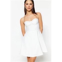 Тканое свадебное вечернее платье с блестящим камнем и открытой талией на фигурной подкладке цвета экрю TPRSS23EL00472