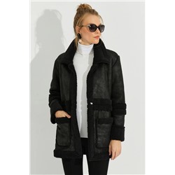 Женское черное пальто из нубука QRS8381