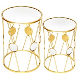 "ДМ" Дизайнерские столики, набор 2 штуки: д40см h54см; д33см h45см, металлический каркас, порошковая матовая эмаль под золото, столешница - зеркальная (Китай)
