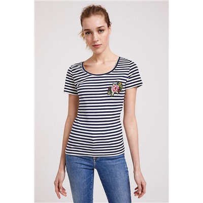 Женская футболка Paris с круглым вырезом экрю-темно-синяя полоска 202 LCF 242022