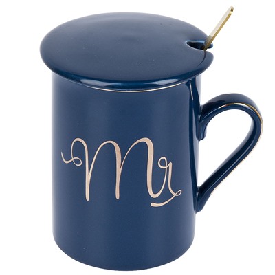 Кружка фарфоровая с крышкой и ложкой "Mr" (синяя) v=340 мл (подарочная упаковка)