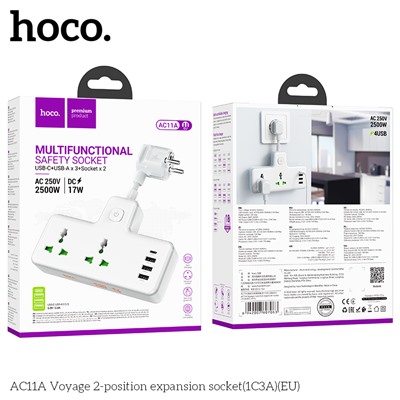 Переходник HOCO AC11A на 2 розетки + 3 USB + Type-C 3.1A (белый)