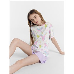 Комплект для девочек (футболка, шорты) в сливовом и белом цвете с попугаями