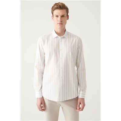 Серо-белая рубашка Поплин 100 % хлопок в полоску Классический воротник Стандартный крой
