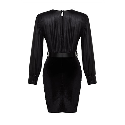 Черное бархатное тканое платье с поясом TWOAW24EL00352