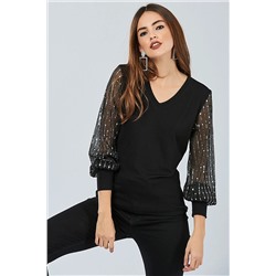 Женская черная блузка с пайетками на рукавах BK5024