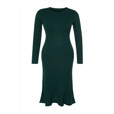 Изумрудно-зеленое трикотажное платье миди с круглым вырезом TBBAW24AH00021