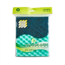 Sungbo Cleamy Двухслойная губка для мытья посуды "Double faced Scrubber" с абразивным покрытием, рифлёной поверхностью и антибактериальной пропиткой (средней жёсткости) (12 х 8 х 3 см) х 2 шт. зелёная / 120