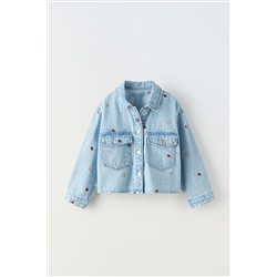 DENIM OVERSHIRT WITH EMBROIDERED STRAWBERRIES