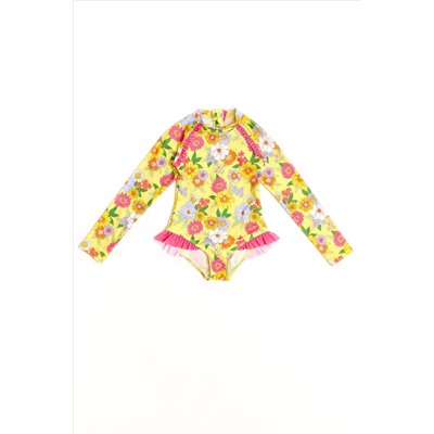 Nicole Miller Yellow Floral Long Sleeves Rash Guard