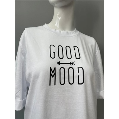 178 Футболка базовая с принтом "Good mood" ,белый