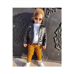 Кожаная куртка для мальчика / Габардиновые брюки / Бади / Шапка, комбинация из 4 предметов Burçak324