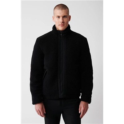Черное плюшевое пальто унисекс с воротником-стойкой и удобной передней молнией