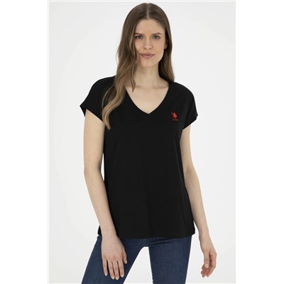 Женская черная базовая футболка с v-образным вырезом Неожиданная скидка в корзине