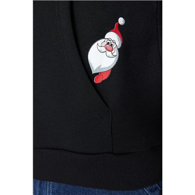 Черная мужская толстая толстая толстая толстовка свободного покроя с капюшоном и принтом на новогоднюю тематику с карманами TMNAW23SW00110