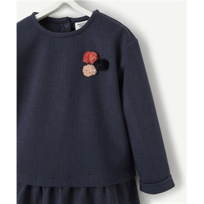 ROBE AVEC PULL INTÉGRÉ BLEU MARINE BÉBÉ FILLE AVEC POMPONS COLORÉS