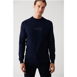 Темно-синий вязаный свитер из искусственного шелка с круглым вырезом, текстурированная классическая посадка