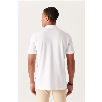 Белая футболка с воротником-поло, 3 пуговицы, 100 % египетский хлопок, стандартная посадка