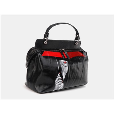 Черная кожаная сумка с росписью из натуральной кожи «W0042 Black Дама с зонтом»