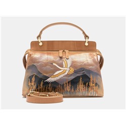 Бежевая кожаная сумка с росписью из натуральной кожи «W0042 Beige Журавль»