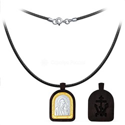 Колье с иконой из дерева граб на вощёном шнурке с элементом из родированного и золочёного серебра - Казанская Божья матерь ГК-002