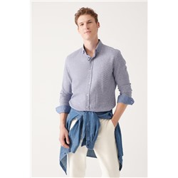 Темно-синяя рубашка с классическим воротником, текстурированный лен, хлопок, стандартная посадка