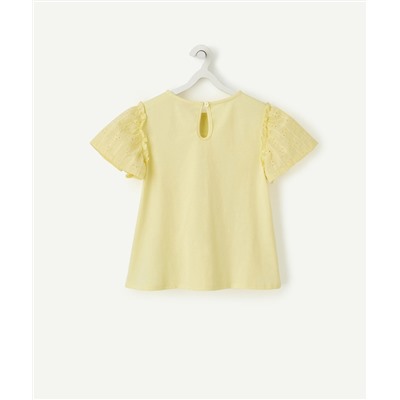 T-SHIRT FILLE EN COTON JAUNE AVEC BRODERIE ANGLAISE