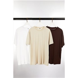 Комплект из 3 темно-коричневых, каменно-белых, базовых футболок больших размеров из 100 % хлопка стандартного/нормального кроя