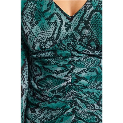 Зеленое приталенное шифоновое тканое платье на подкладке с драпировкой и животным рисунком TWOAW24EL00481