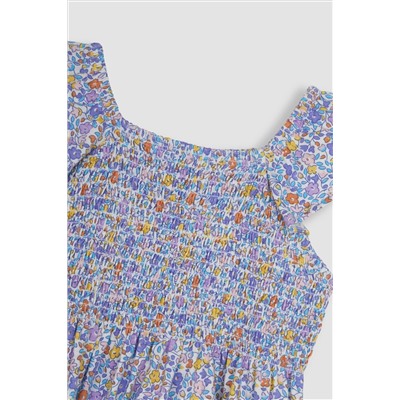 JoJo Maman Bébé Ditsy Floral Ruffle Shoulder Smocked Jersey Dress