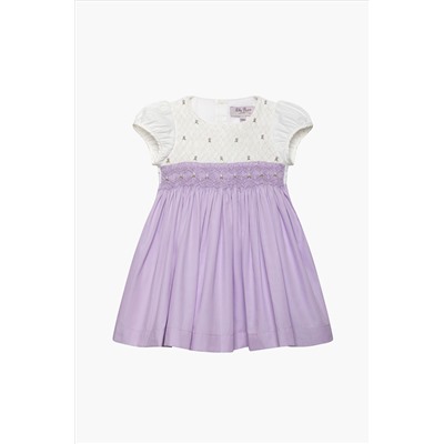 Trotters London Purple Little Rose Hand Smocked Cotton Dress